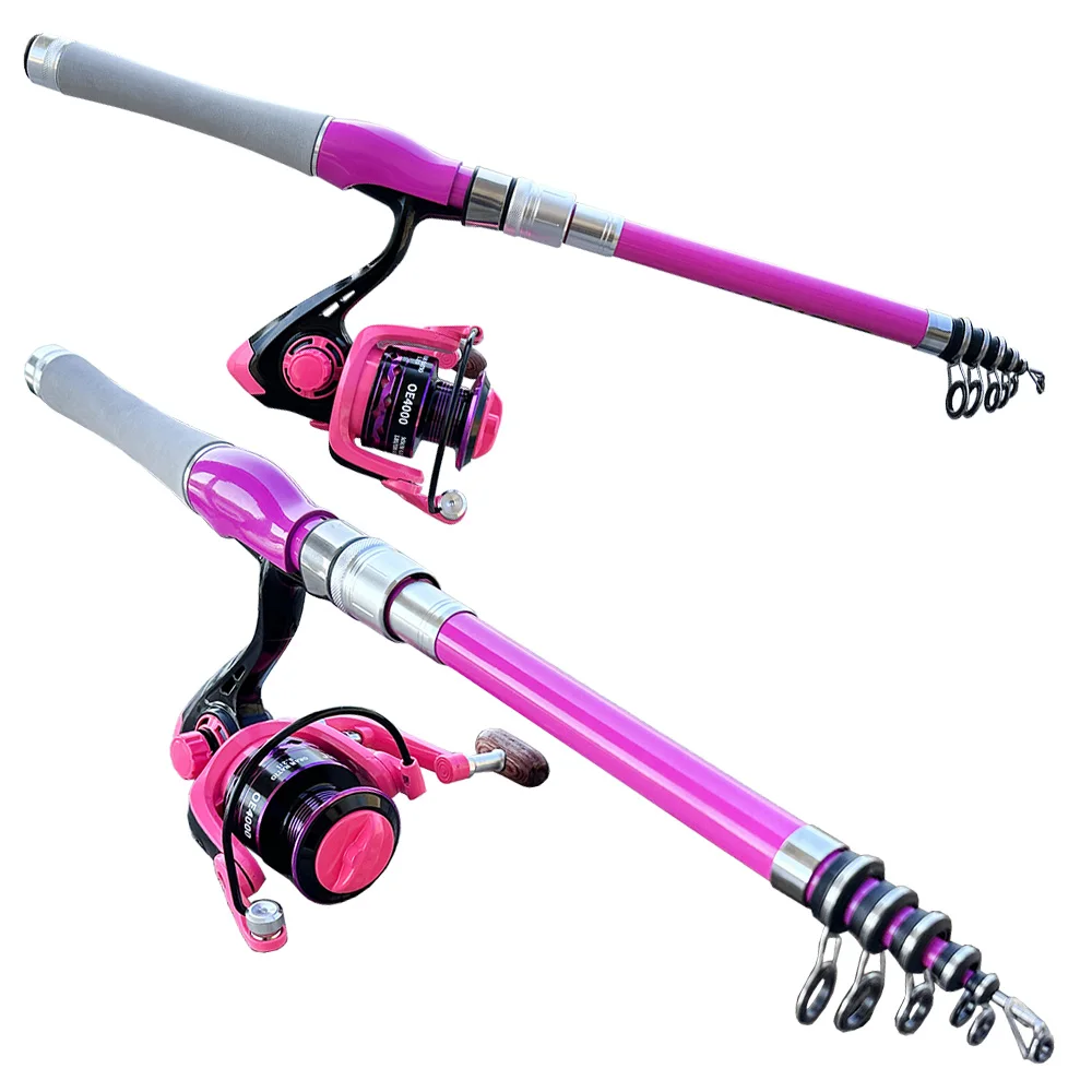 Spinning Rod and Reel Combo for Bass Pesca Mini Telescopic Fishing Rods 1.5M 1.8M 2.4M Metal Spool Fishing Reels Set Pink Girl