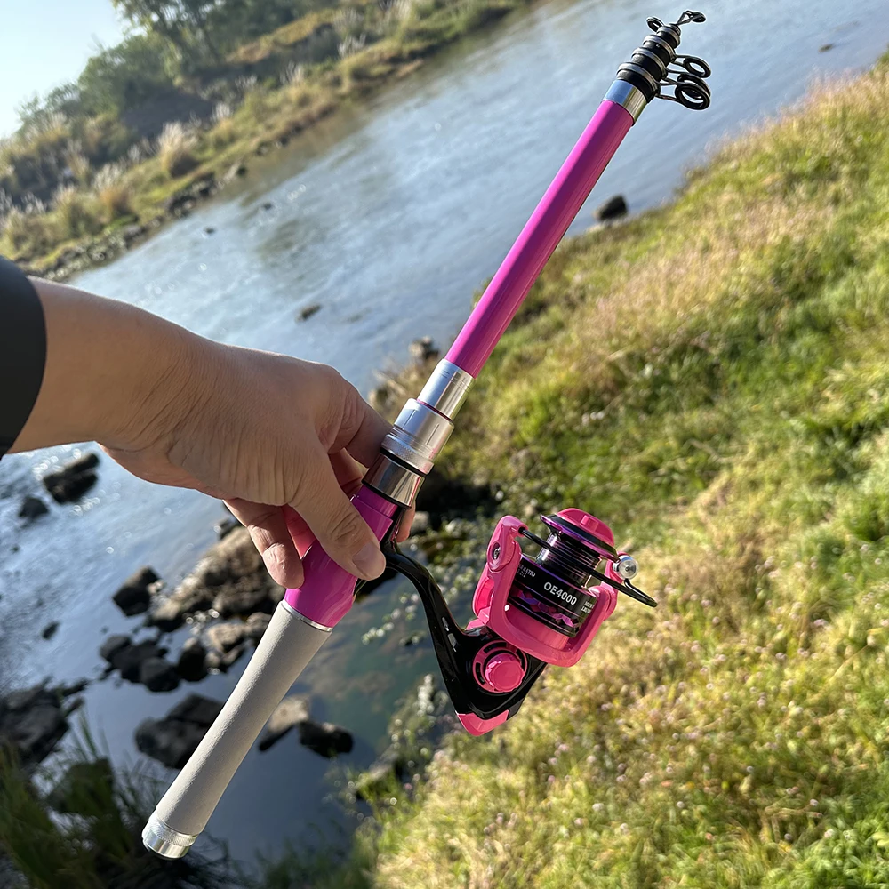 Spinning Rod and Reel Combo for Bass Pesca Mini Telescopic Fishing Rods 1.5M 1.8M 2.4M Metal Spool Fishing Reels Set Pink Girl