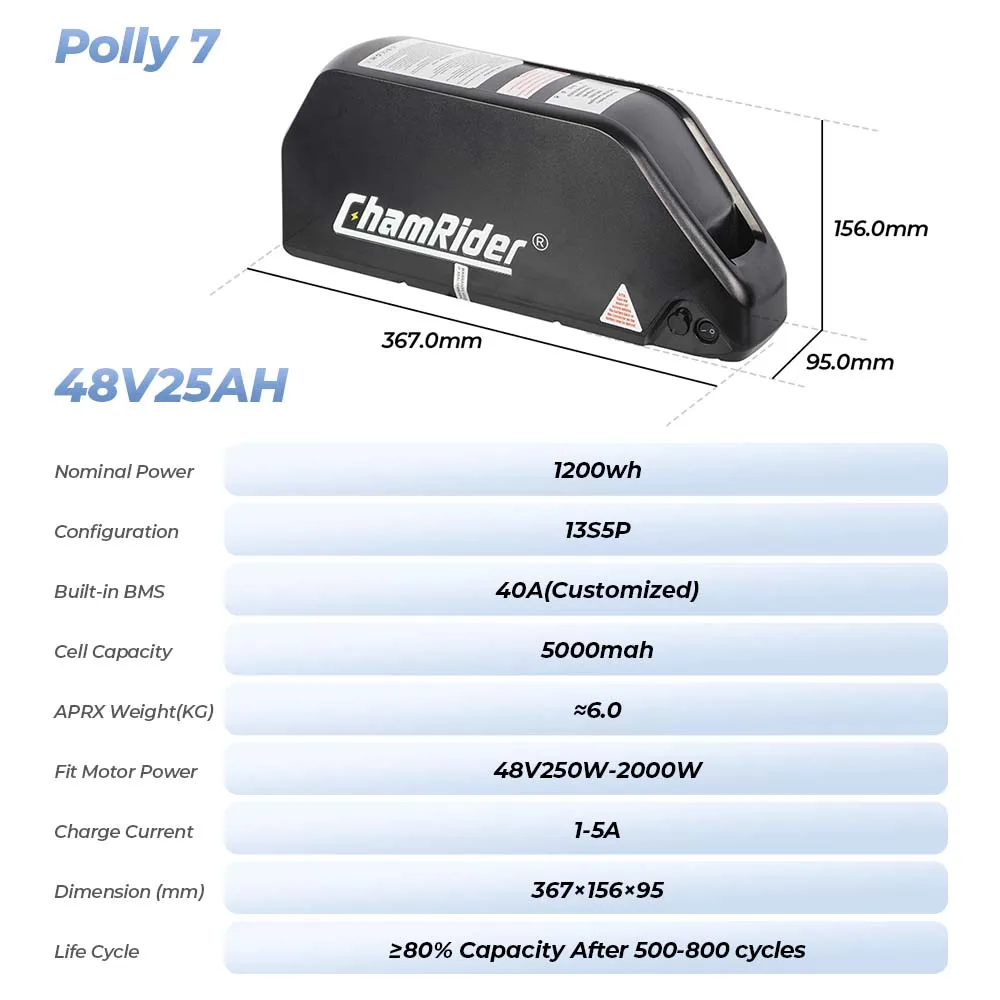 Chamrider Polly 48V28.8AH Ebike Battery Downtube Electric Battery BMS Original 21700 Lithium Ion Battery 1500W LG Grade A Cells