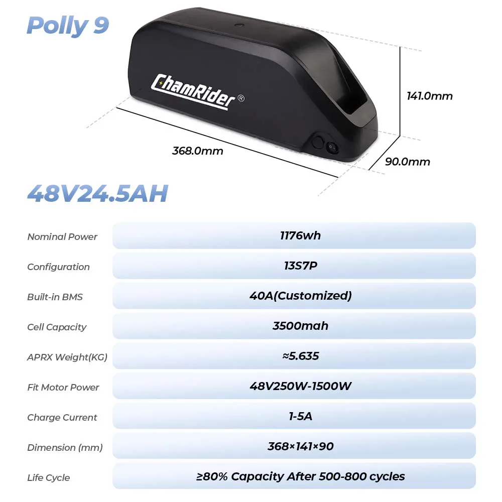 Chamrider Polly 48V28.8AH Ebike Battery Downtube Electric Battery BMS Original 21700 Lithium Ion Battery 1500W LG Grade A Cells