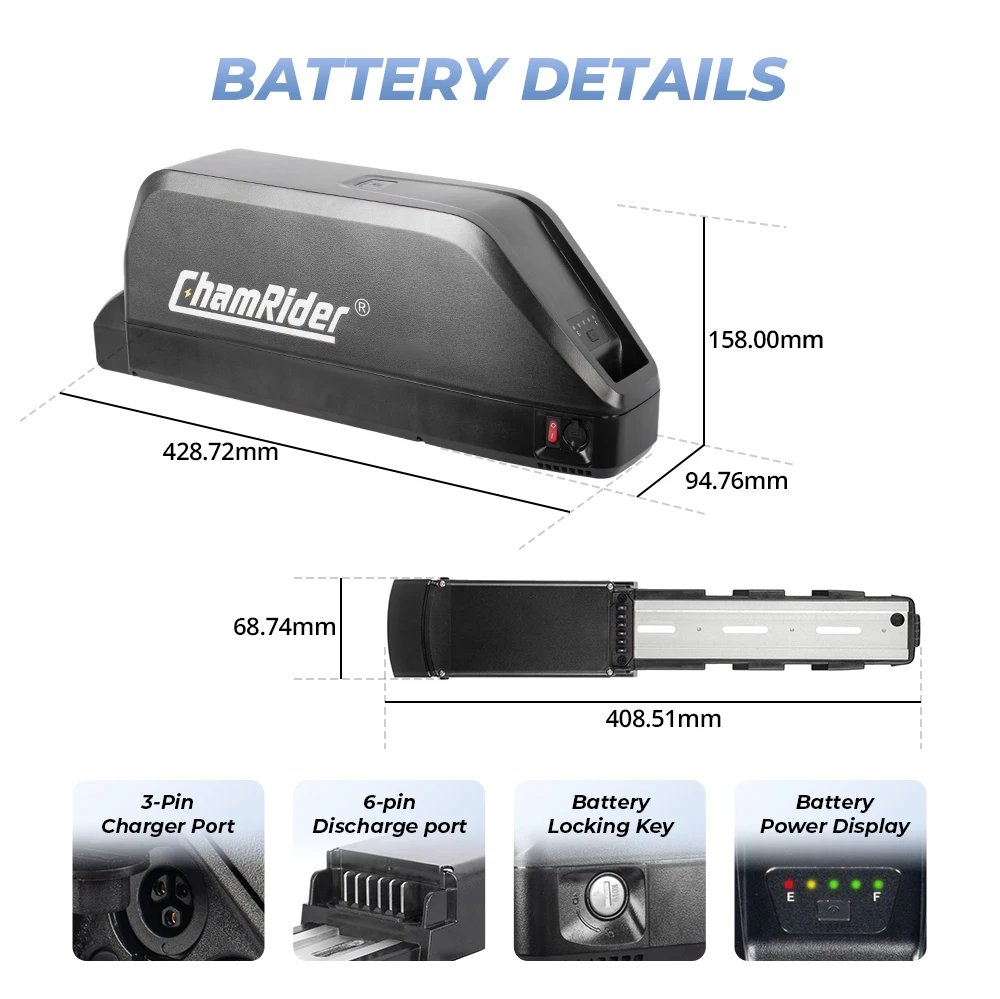 Chamrider Polly 48V28.8AH Ebike Battery Downtube Electric Battery BMS Original 21700 Lithium Ion Battery 1500W LG Grade A Cells