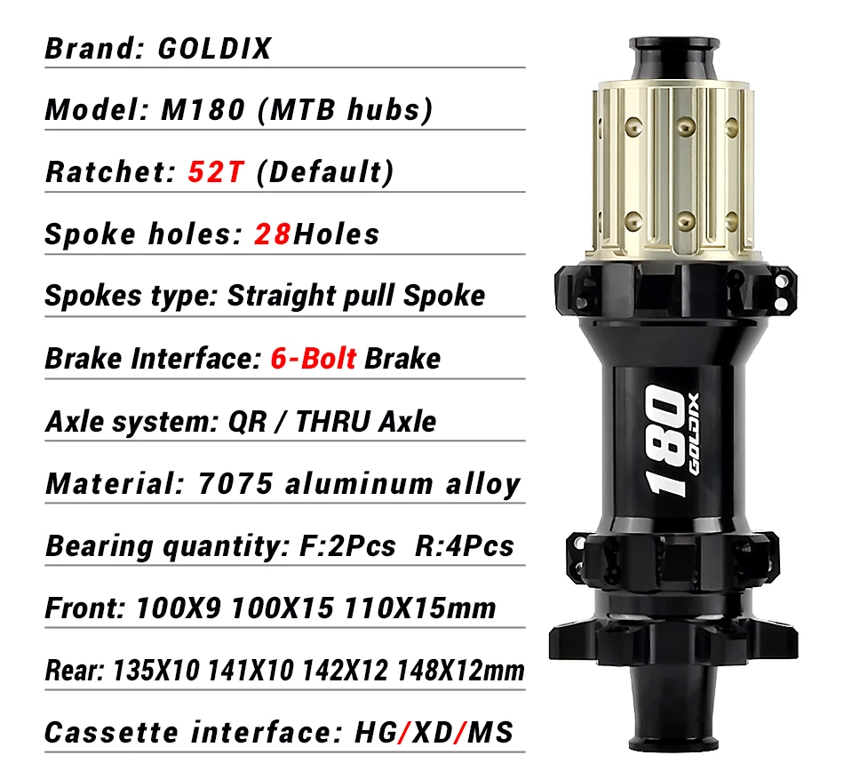 GOLDIX M180 52T Ratchet Bicycle Hub 6-Bolt Disc Brake 28Hole Straight pull Spoke Sealed Bearing HG/XD/MS Hub body 142X12 148X12