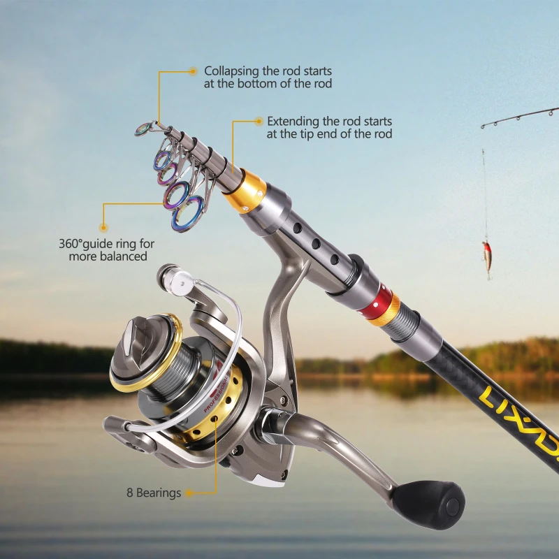 Lixada Telescopic Fishing Rod and Reel Combo Full Kit Carbon Fiber Fishing Rod Pole + Spinning Fishing Reel + Fishing Tackle Set