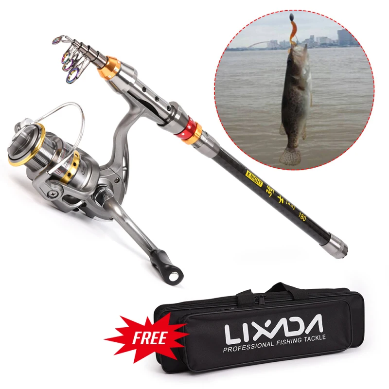 Lixada Telescopic Fishing Rod and Reel Combo Full Kit Carbon Fiber Fishing Rod Pole + Spinning Fishing Reel + Fishing Tackle Set