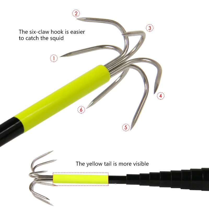 3/4M Telescopic Fishing Eging Squid Gaff Anchor Hook Carbon Stainless 6 Hooks Rui Squid Aconitic Octopus Jig Hooks For Saltwater