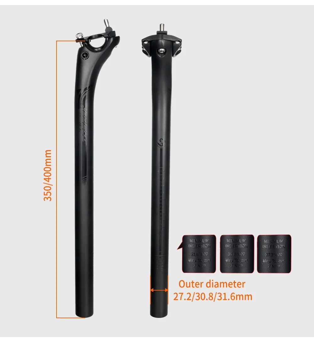 TOSEEK Ultralight Carbon Seatpost 27.2/30.8/31.6mm Matte Black MTB/Road Bike Seat Post Length 350/400mm Seat Tube