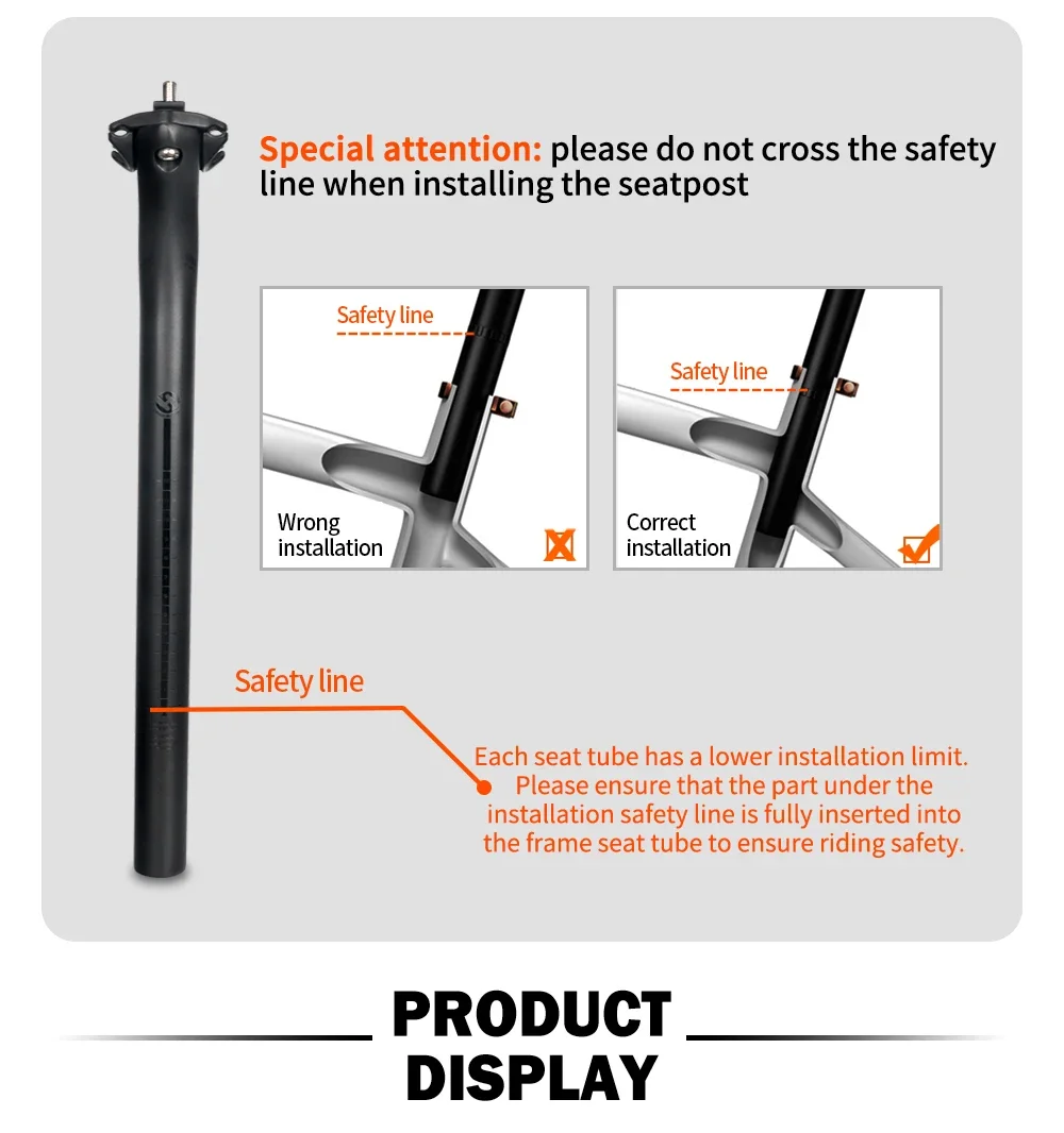TOSEEK Ultralight Carbon Seatpost 27.2/30.8/31.6mm Matte Black MTB/Road Bike Seat Post Length 350/400mm Seat Tube