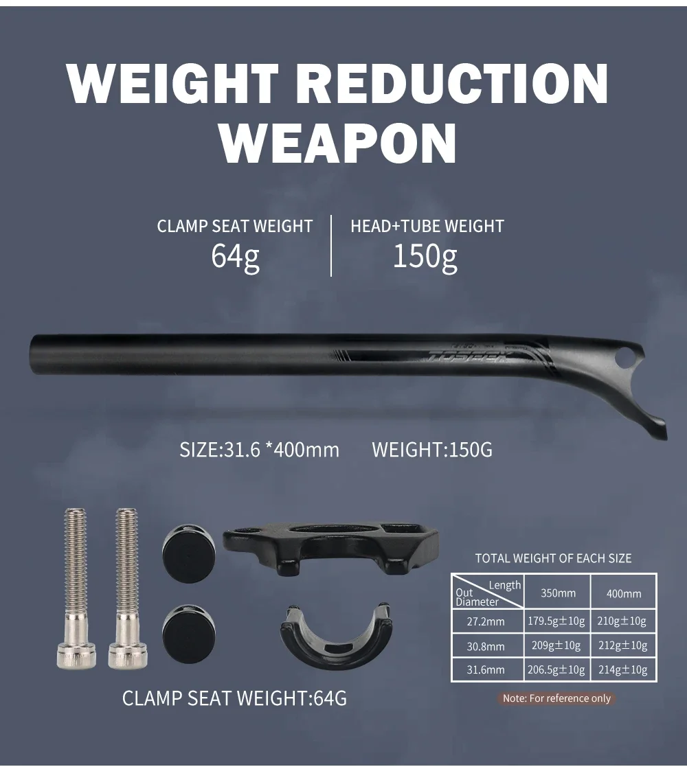 TOSEEK Ultralight Carbon Seatpost 27.2/30.8/31.6mm Matte Black MTB/Road Bike Seat Post Length 350/400mm Seat Tube