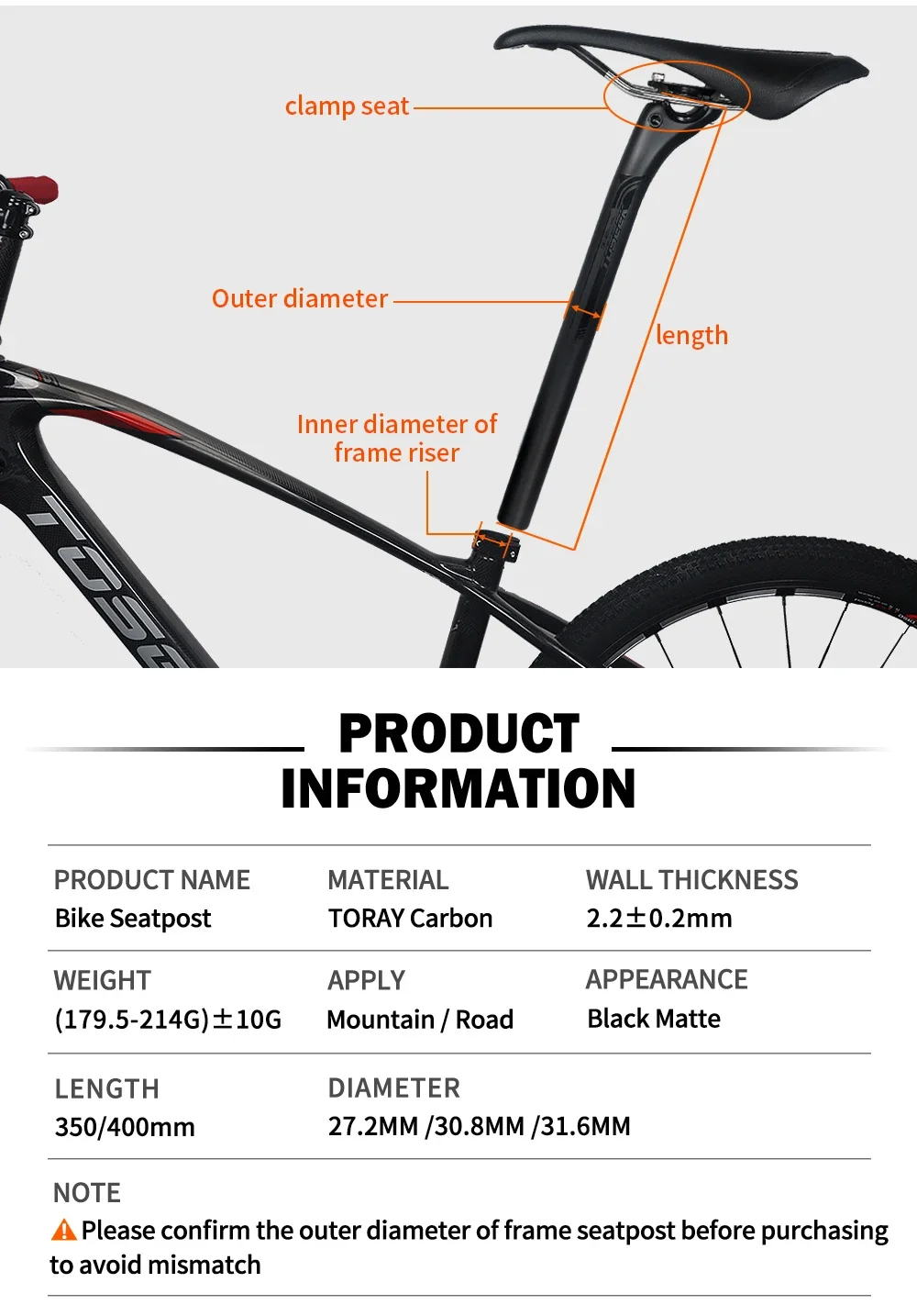 TOSEEK Ultralight Carbon Seatpost 27.2/30.8/31.6mm Matte Black MTB/Road Bike Seat Post Length 350/400mm Seat Tube