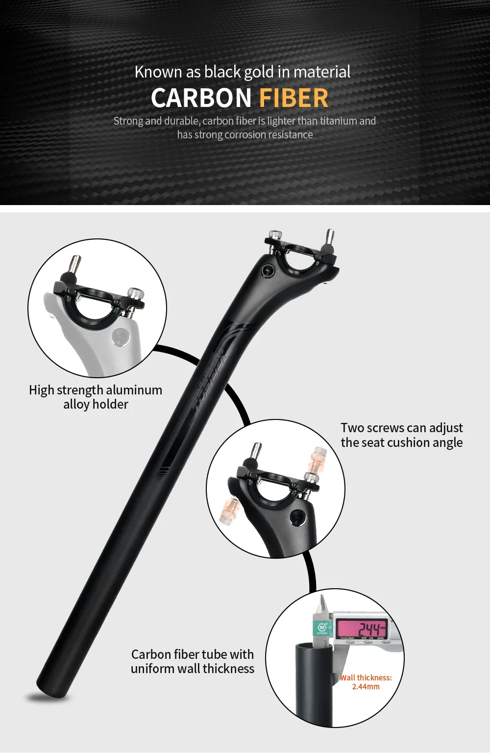 TOSEEK Ultralight Carbon Seatpost 27.2/30.8/31.6mm Matte Black MTB/Road Bike Seat Post Length 350/400mm Seat Tube