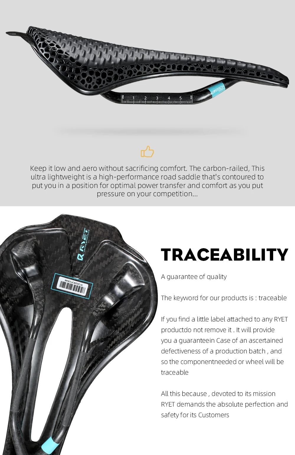 RYET Full Carbon 3D Printed Bike Saddle 250mm*140MM 115g 7*9mm Carbon 3D Printed Bicycle Seat MTB Gravel Road Saddle Bike Parts