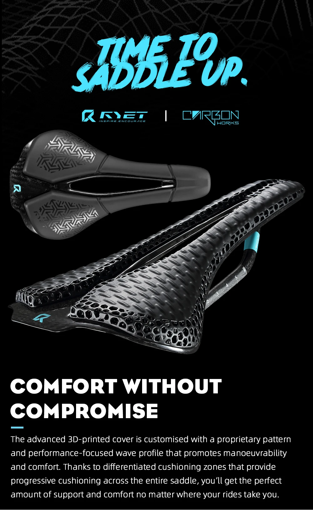 RYET Full Carbon 3D Printed Bike Saddle 250mm*140MM 115g 7*9mm Carbon 3D Printed Bicycle Seat MTB Gravel Road Saddle Bike Parts