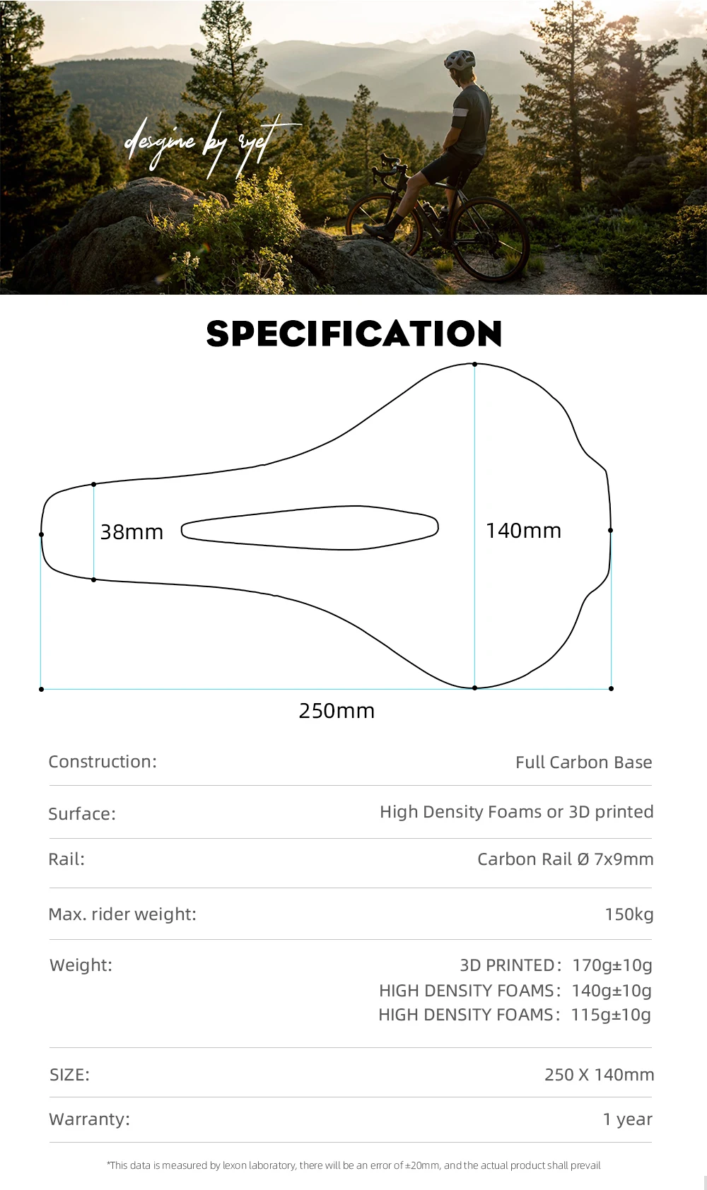 RYET Full Carbon 3D Printed Bike Saddle 250mm*140MM 115g 7*9mm Carbon 3D Printed Bicycle Seat MTB Gravel Road Saddle Bike Parts