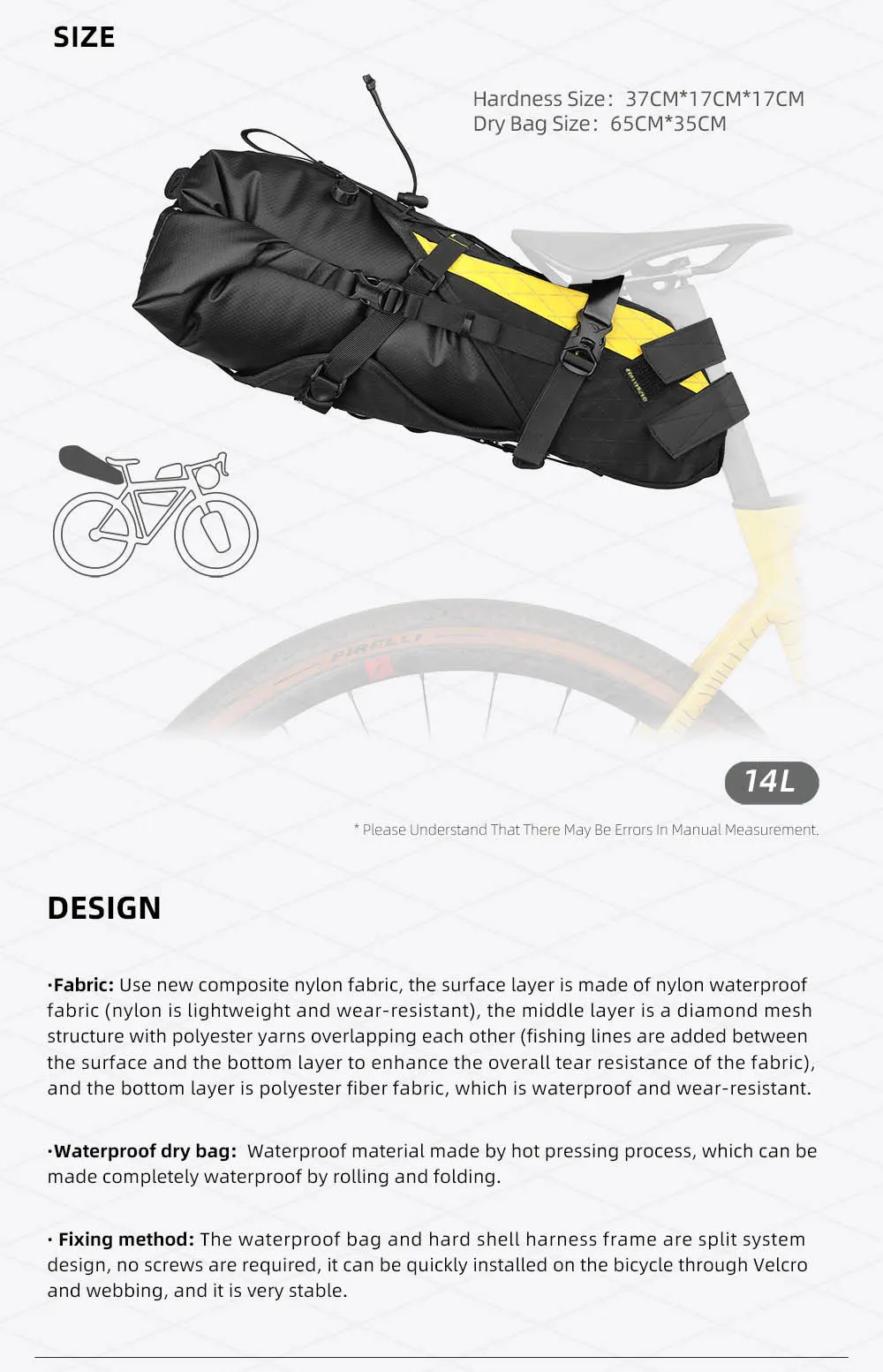 Rhinowalk Bike Saddle Bag Stable Not Shaking 14L Big Capacity Removable Dry Bag Waterproof For Mtb Road Gravel Bike Bikepacking
