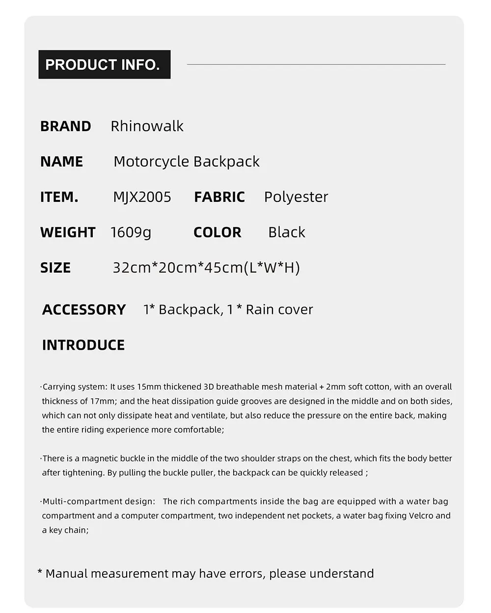 Rhinowalk Motorcycle Storage Backpack Waterproof 23L Motorbike Helmet Bag Riding Travel Luggage Bag with Magnetic Closure