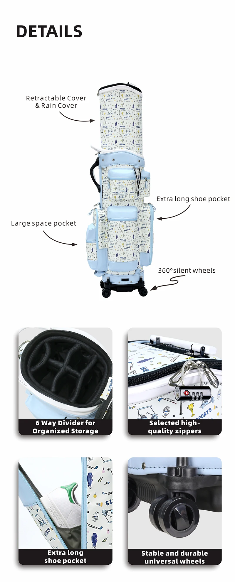 HELIX Women Golf Cart & Travel Bag with 4 Wheels and Retractable Top Cover for Airline Travel Also Daily Use