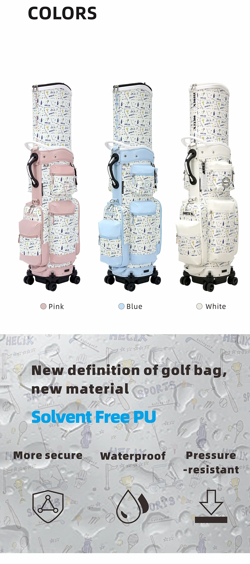 HELIX Women Golf Cart & Travel Bag with 4 Wheels and Retractable Top Cover for Airline Travel Also Daily Use
