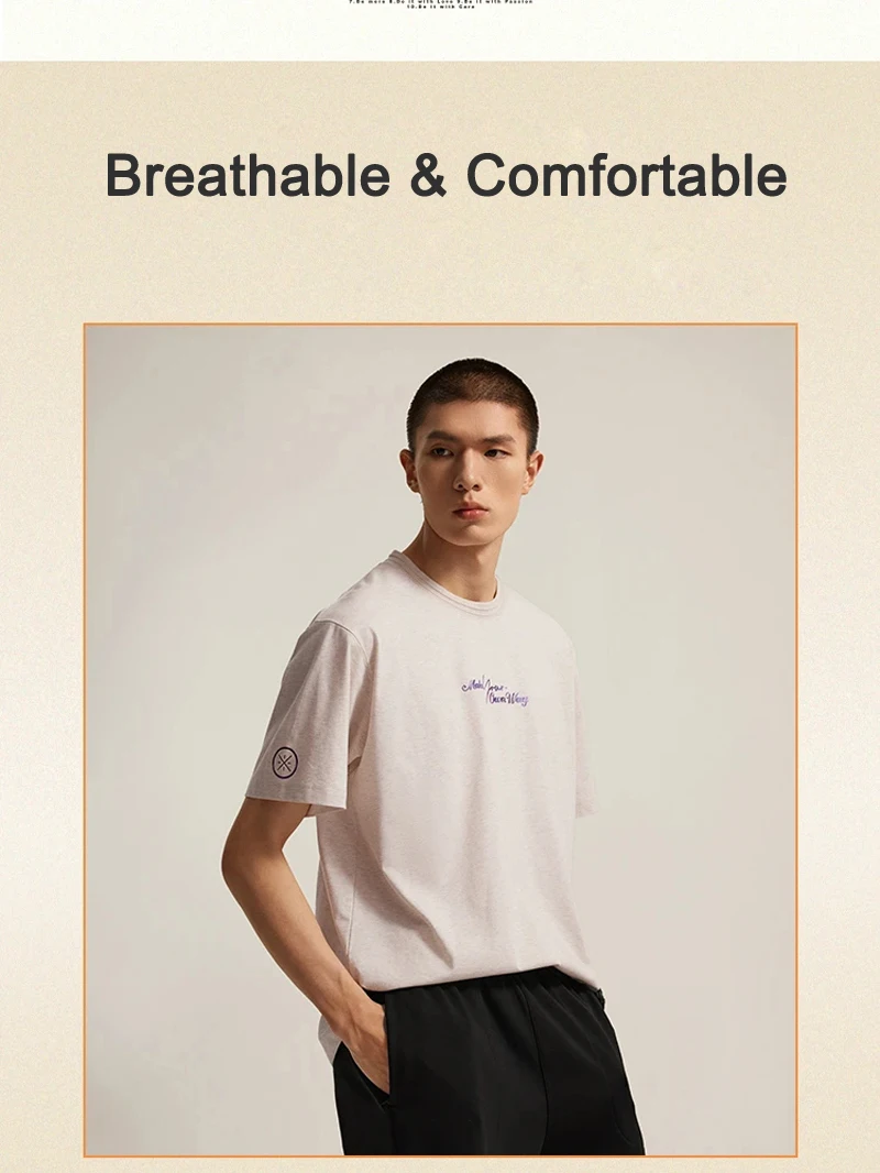 Li-Ning Men's Wade T-shirt 64%Cotton 36%Polyester Loose Breathable LiNing Sports Casual Short Sleeve Culture Tee Tops AHSV011