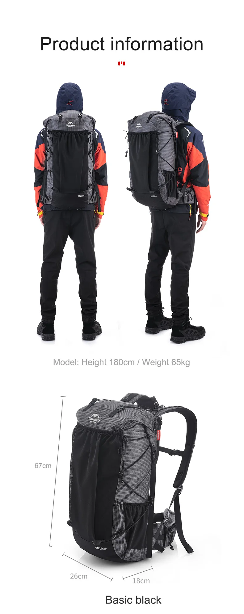 Naturehike Hiking Backpack 60+5L Large Capacity Rock Series 2.0 Outdoor Sports Bag Camping Climbing Travel Waterproof Bagpack