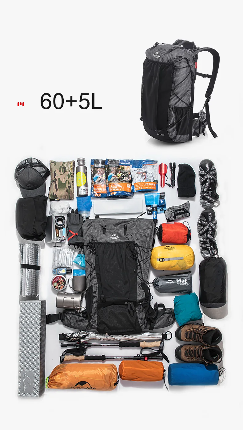 Naturehike Hiking Backpack 60+5L Large Capacity Rock Series 2.0 Outdoor Sports Bag Camping Climbing Travel Waterproof Bagpack