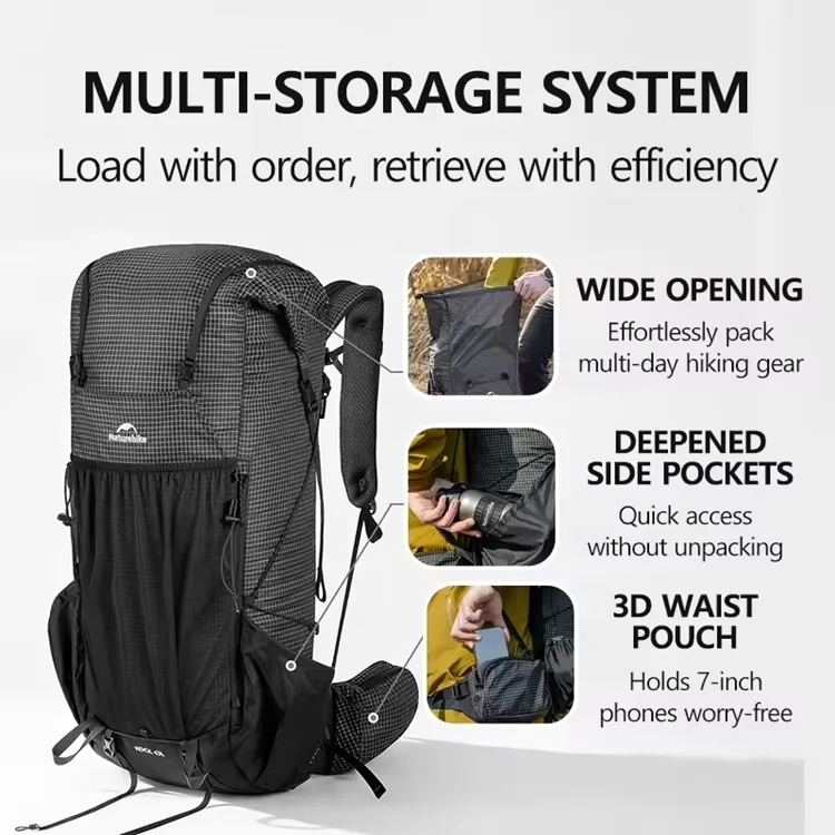 Naturehike Hiking Backpack 60+5L Large Capacity Rock Series 2.0 Outdoor Sports Bag Camping Climbing Travel Waterproof Bagpack
