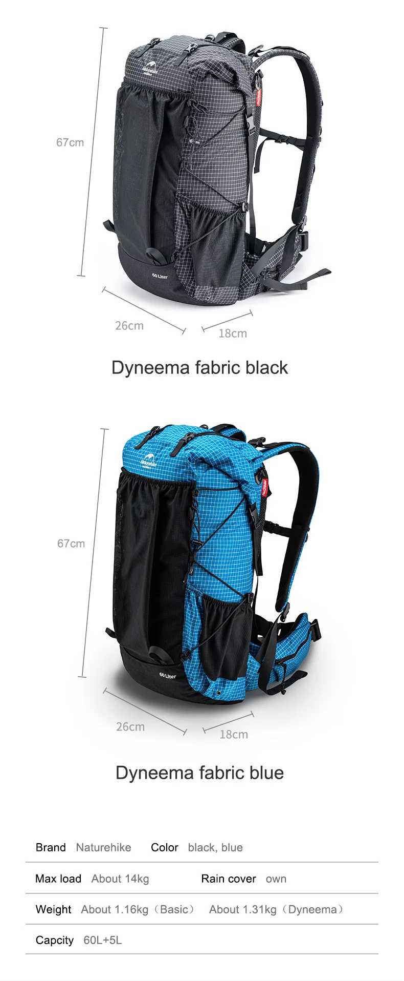 Naturehike Hiking Backpack 60+5L Large Capacity Rock Series 2.0 Outdoor Sports Bag Camping Climbing Travel Waterproof Bagpack