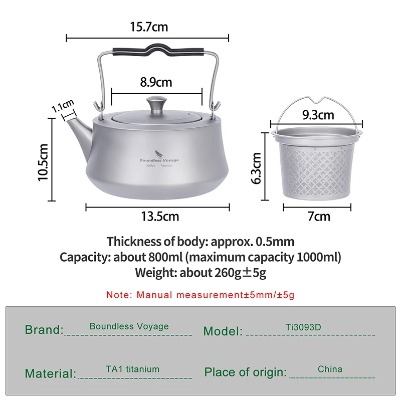 Boundless Voyage 800ml Titanium Kettle with Infuser Ultralight Stovetop Teapot with Filter for Loose Tea Outdoor Water Boiler