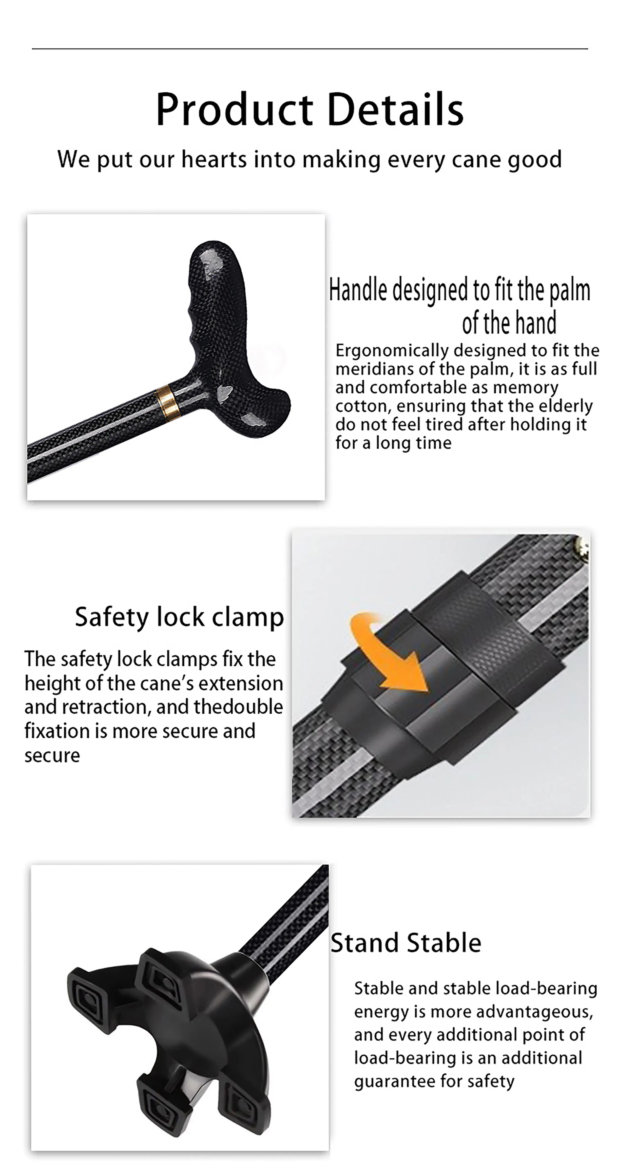 Ultra-light Retractable Carbon Hiking Booster Walking Anti-Slip Breaking Four-Legged Stable Armrest Stick Column Stick Device