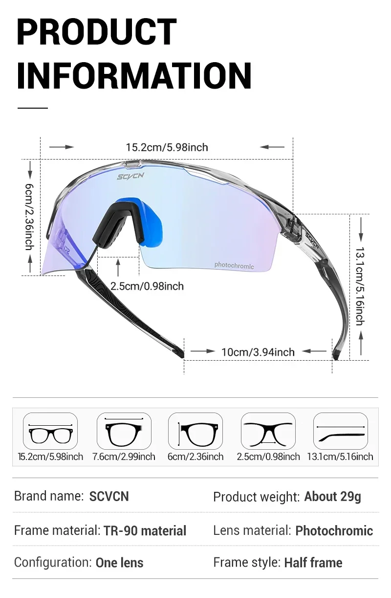 SCVCN Blue Photochromic Cycling Sunglasses for Men Blue Photochromism Glasses Cycl Mountain New Bicycle Goggles Eyewear Sports