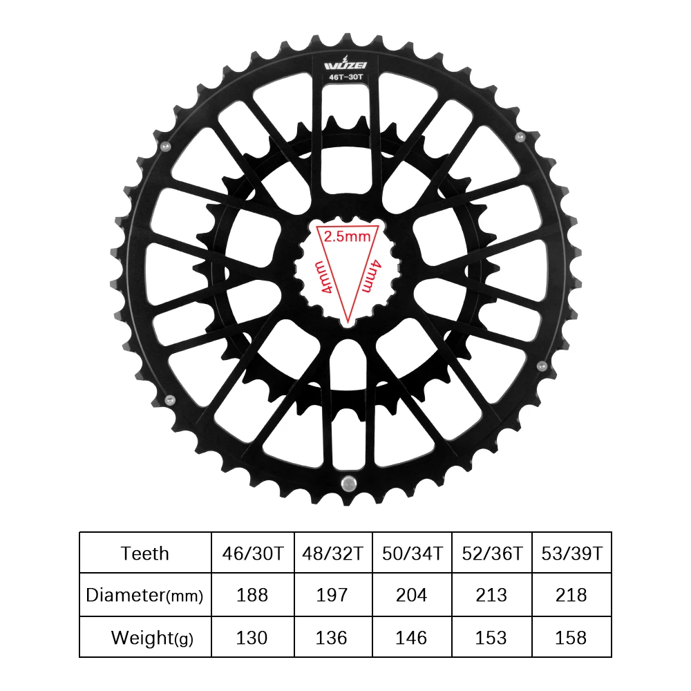 WUZEI Road Bike 3 Bolts Direct Mount Chainwheel 2x8 9 10 11 12 Speed Bicycle Crown Double Chainring Aluminum Alloy Speed Part