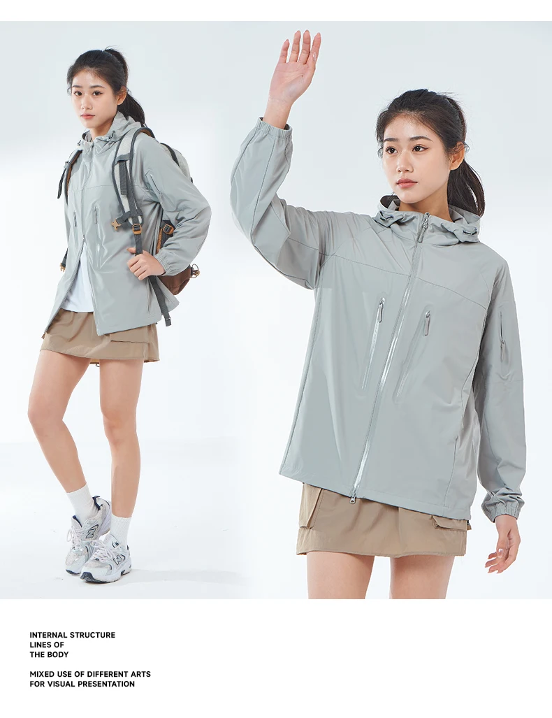 LNGXO Men's Women's Hiking Rain Coat Sun Protective Camping Trekking Waterproof Jacket Unisex Stretch Two-Way Zipper Windbreaker