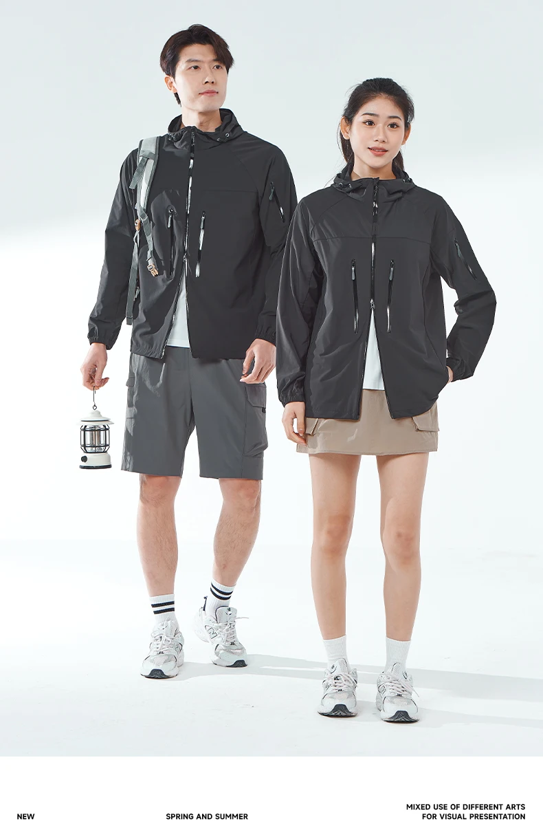 LNGXO Men's Women's Hiking Rain Coat Sun Protective Camping Trekking Waterproof Jacket Unisex Stretch Two-Way Zipper Windbreaker