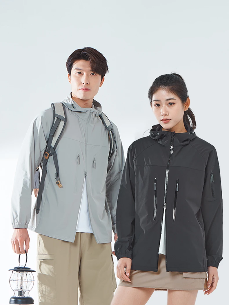 LNGXO Men's Women's Hiking Rain Coat Sun Protective Camping Trekking Waterproof Jacket Unisex Stretch Two-Way Zipper Windbreaker