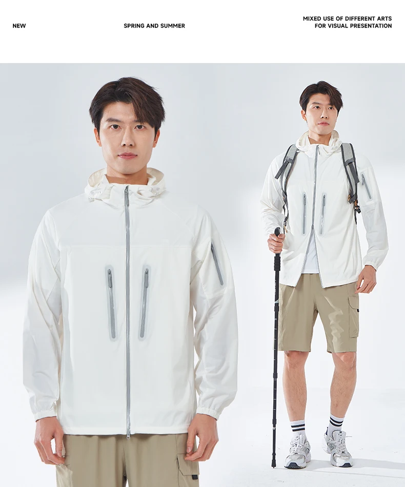 LNGXO Men's Women's Hiking Rain Coat Sun Protective Camping Trekking Waterproof Jacket Unisex Stretch Two-Way Zipper Windbreaker
