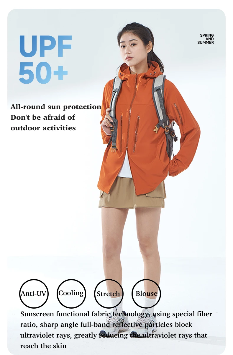 LNGXO Men's Women's Hiking Rain Coat Sun Protective Camping Trekking Waterproof Jacket Unisex Stretch Two-Way Zipper Windbreaker