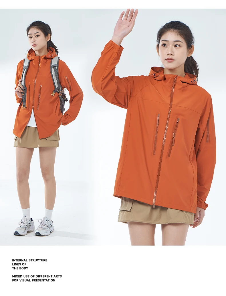 LNGXO Men's Women's Hiking Rain Coat Sun Protective Camping Trekking Waterproof Jacket Unisex Stretch Two-Way Zipper Windbreaker