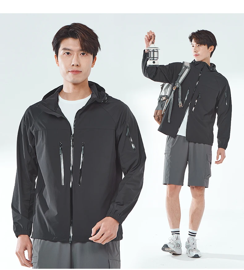 LNGXO Men's Women's Hiking Rain Coat Sun Protective Camping Trekking Waterproof Jacket Unisex Stretch Two-Way Zipper Windbreaker