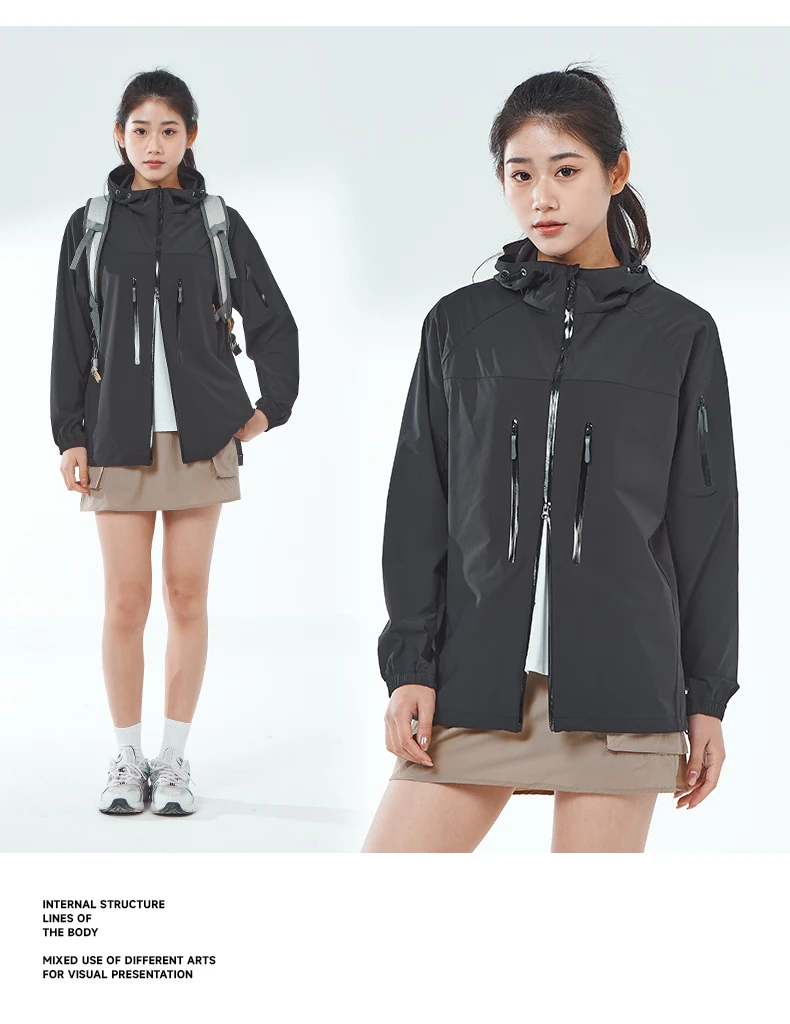 LNGXO Men's Women's Hiking Rain Coat Sun Protective Camping Trekking Waterproof Jacket Unisex Stretch Two-Way Zipper Windbreaker