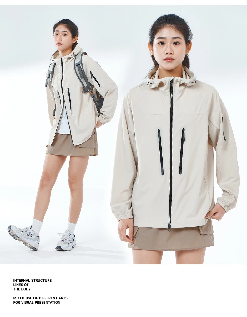 LNGXO Men's Women's Hiking Rain Coat Sun Protective Camping Trekking Waterproof Jacket Unisex Stretch Two-Way Zipper Windbreaker