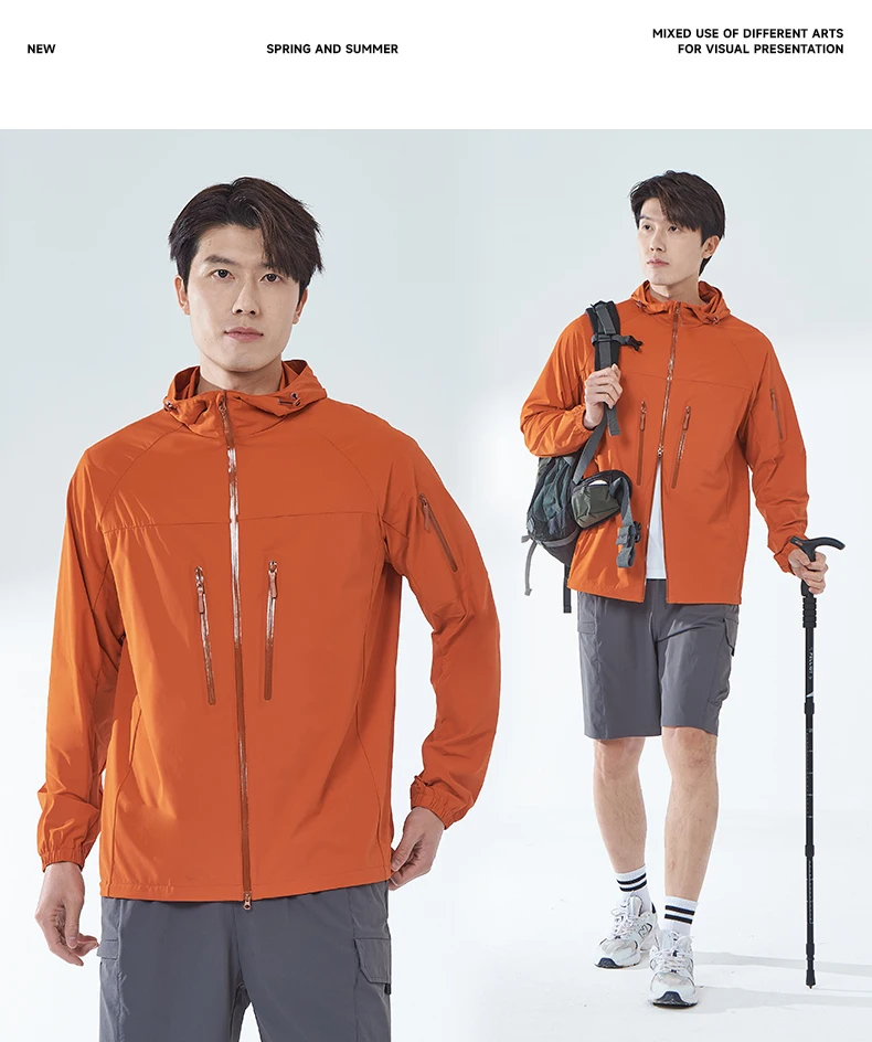 LNGXO Men's Women's Hiking Rain Coat Sun Protective Camping Trekking Waterproof Jacket Unisex Stretch Two-Way Zipper Windbreaker