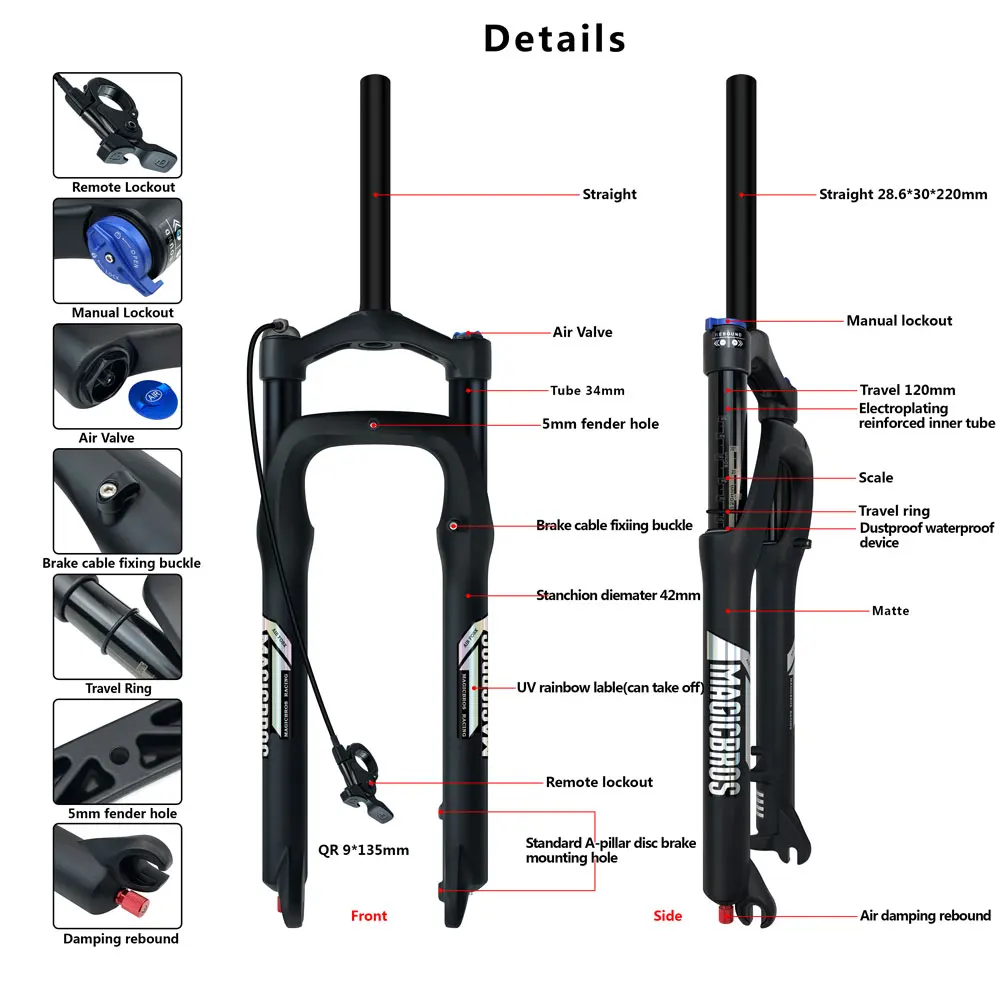 MAGICBROS Electric Bike Fork Air Suspension 20 26inch 4.0 Fork Snow Bike E-bike 9*135MM Damping Adjustment Fat Bike Air Fork