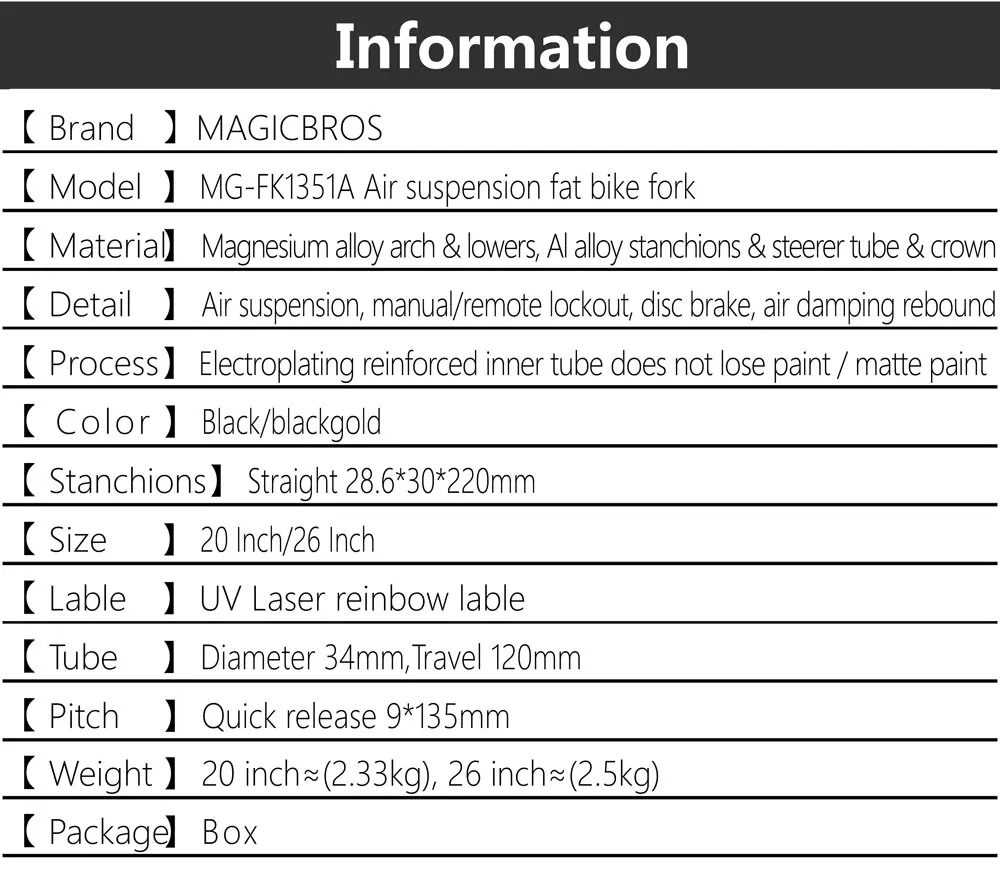 MAGICBROS Electric Bike Fork Air Suspension 20 26inch 4.0 Fork Snow Bike E-bike 9*135MM Damping Adjustment Fat Bike Air Fork