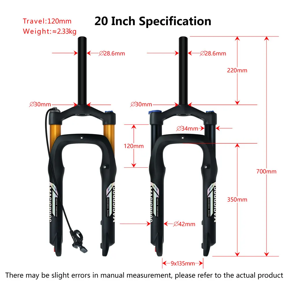 MAGICBROS Electric Bike Fork Air Suspension 20 26inch 4.0 Fork Snow Bike E-bike 9*135MM Damping Adjustment Fat Bike Air Fork