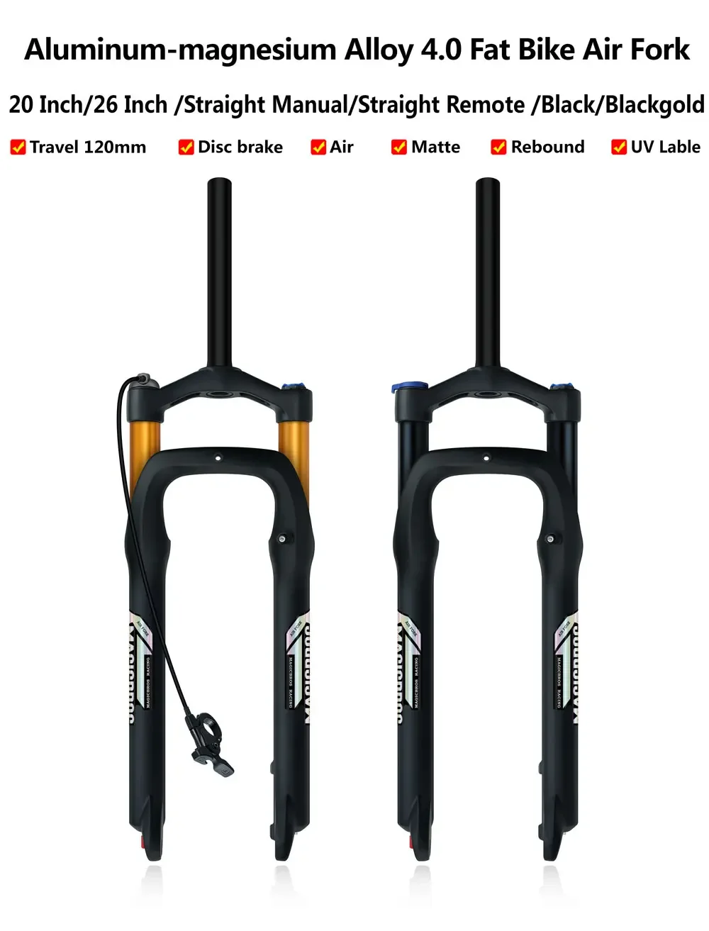 MAGICBROS Electric Bike Fork Air Suspension 20 26inch 4.0 Fork Snow Bike E-bike 9*135MM Damping Adjustment Fat Bike Air Fork