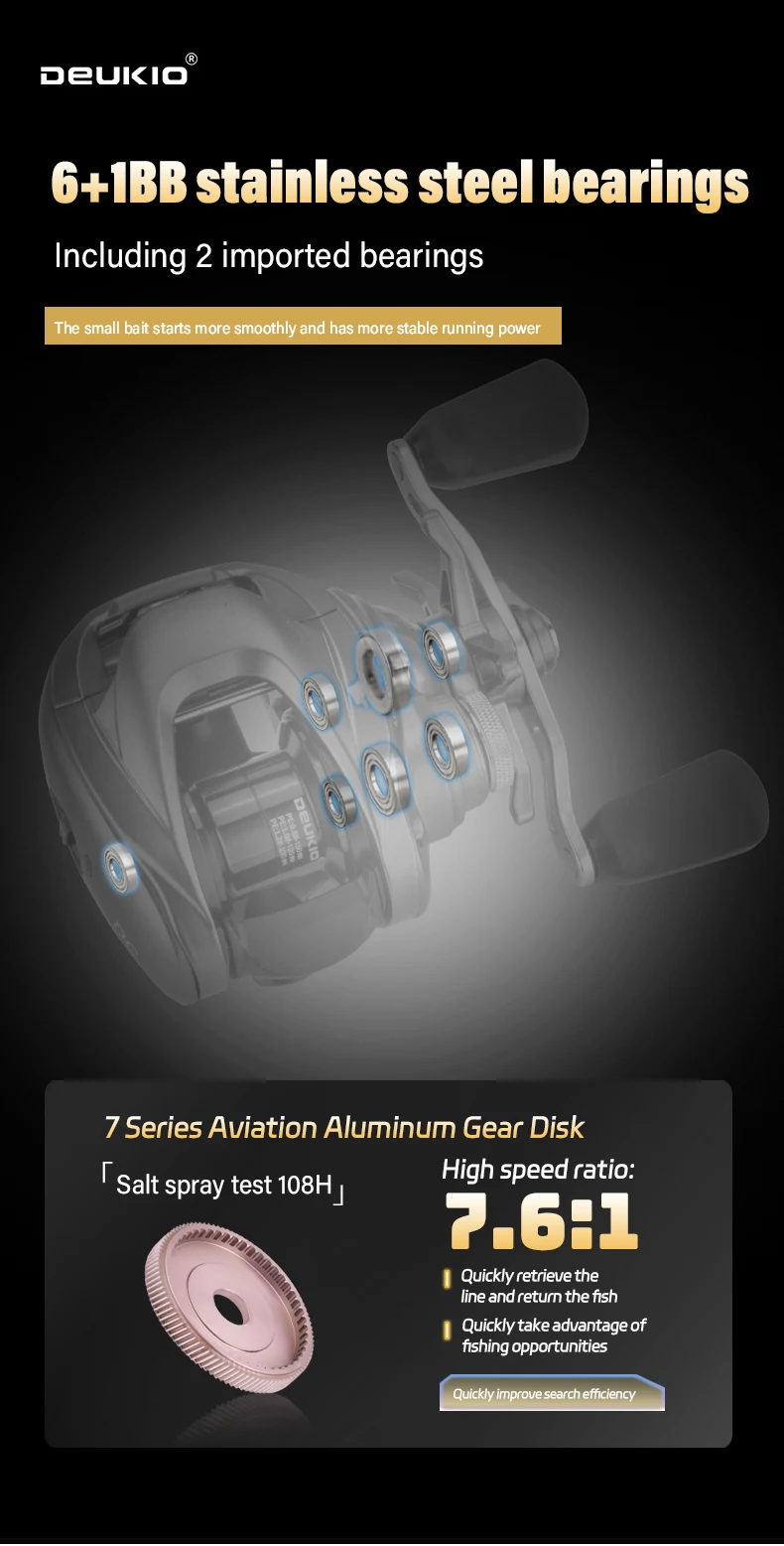 DEUKIO DC Baitcasting Fishing Reel Electronic Brake Band Sound Baitcast Fishing Reels Carbon Body 7.6:1 6+1BB Seawater Reel