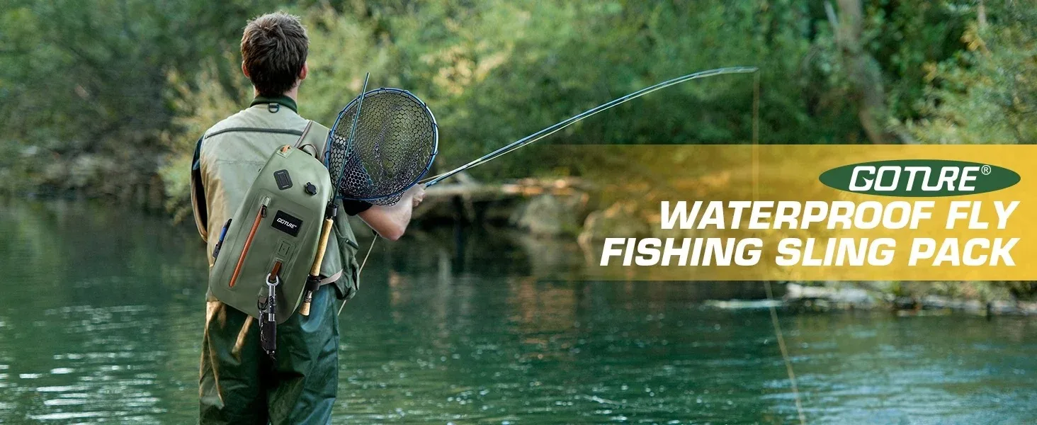 Goture Fly Fishing Bag IPX8 Waterproof Multifunctional Portable Waist Pack 840D TUP Fishing Tool Storage Bag with Rod Holder