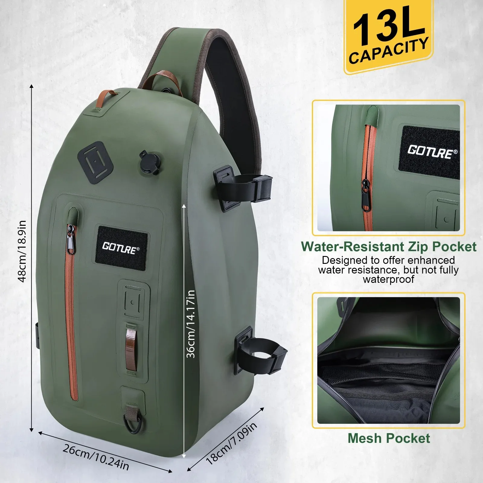 Goture Fly Fishing Bag IPX8 Waterproof Multifunctional Portable Waist Pack 840D TUP Fishing Tool Storage Bag with Rod Holder