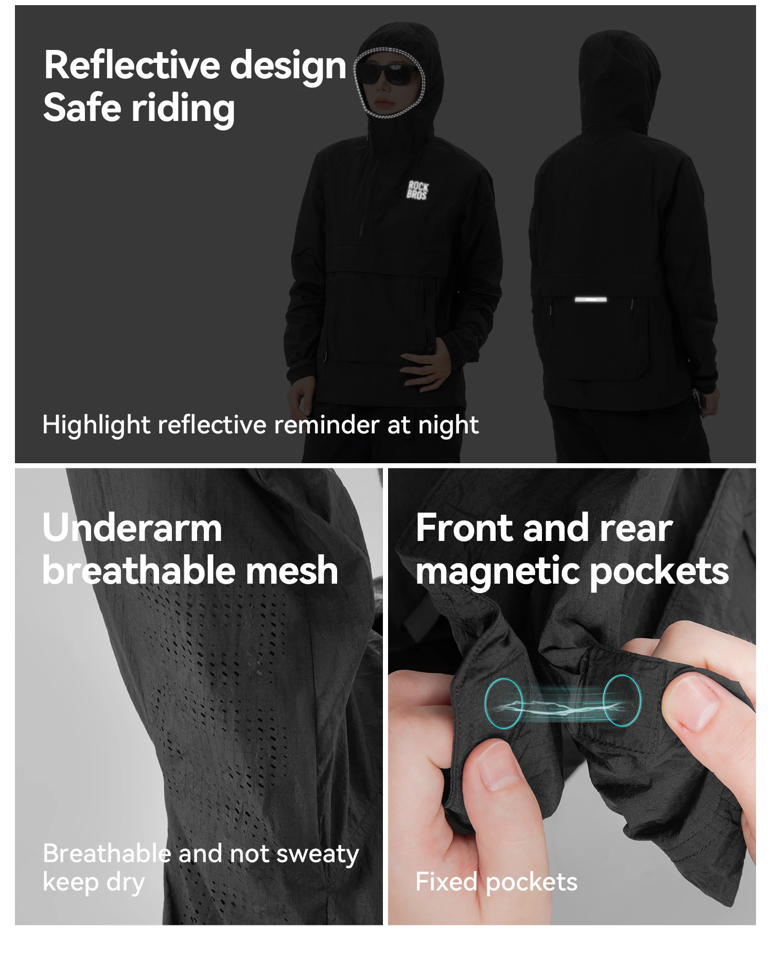 ROCKBROS Cycling Waterproof Jacket Casual Detachable Pocket Windbreaker Breathable Bicycle Clothes Windproof Outdoor Clothing