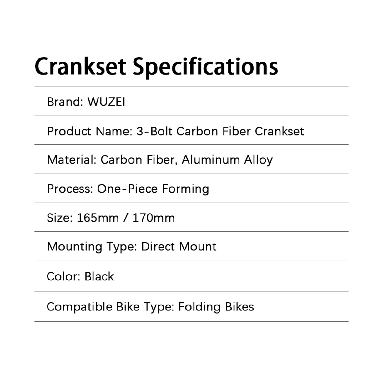 WUZEI Folding Bike Crank Carbon Fiber Crankset 165MM 170MM Road Bicycle Sprocket 24mm Axle 3 Bolts Direct Mount Crank Arm