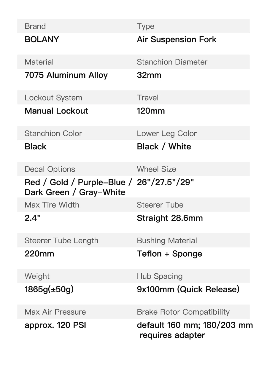 BOLANY Bike Air Fork 27.5/29inch 120mm Travel Oil Air Suspension Lightweight Magnesium Alloy Quick Release Bicycle Air Fork